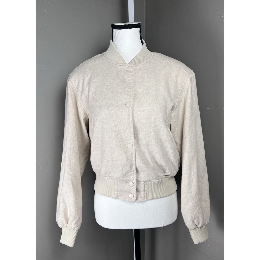 H&M Linen Blend Snap Front Bomber Jacket Cream Women's S Shoulder Pads